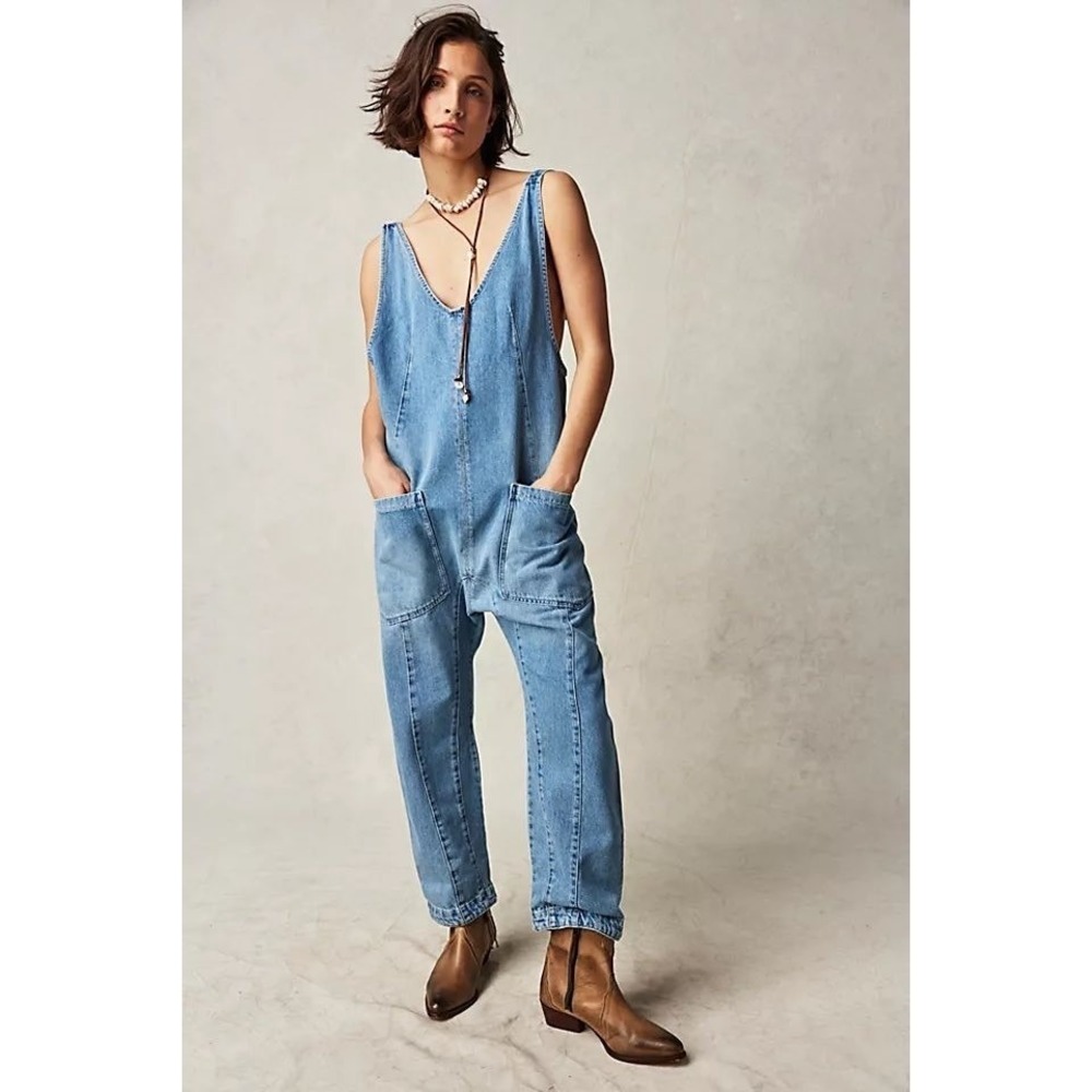 Free People High Roller Slouchy overalls in Kansas Cotton Blue Denim Size Medium - Picture 16 of 16